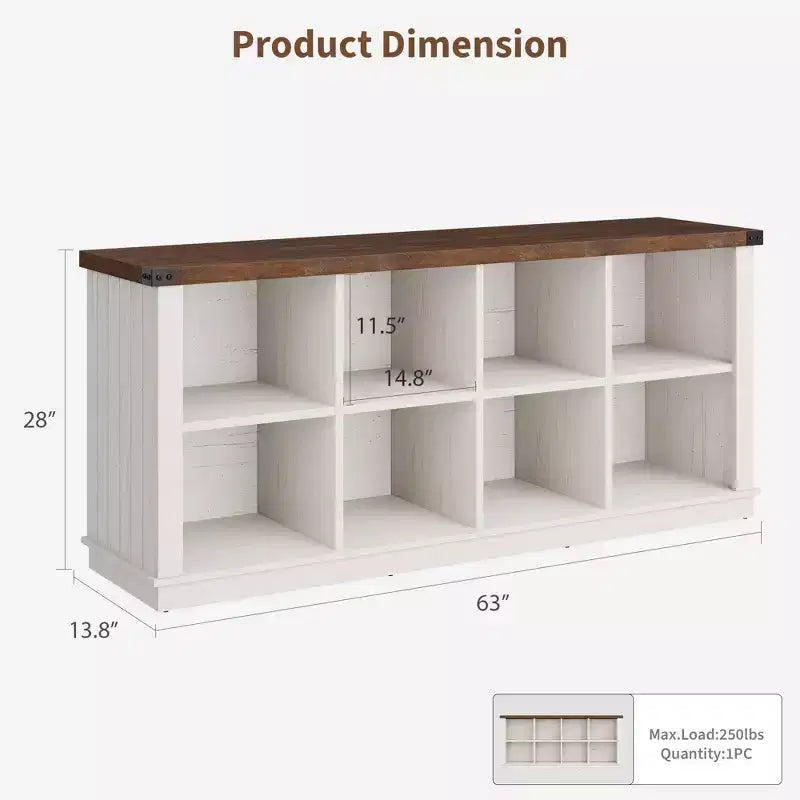 Libreria organizer con 8 scomparti, mobile orizzontale in stile rustico, libreria in legno da 62 pollici con vani portaoggetti per ingresso, libreria lunga e bassa per soggiorno