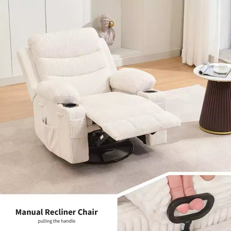 Drehbarer Schaukel-Relaxsessel mit Massage und Wärme, 360°-Gleiter mit Getränkehaltern und Seitentaschen, ergonomisches Loungesofa für Wohnzimmer, Wohnmobil und Kinderzimmer