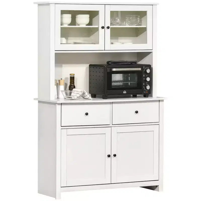 Credenza da cucina HOMCOM da 63,5" con alzata, mobile dispensa con 4 ripiani, cassetti, ante in vetro con cornice, piano aperto per microonde