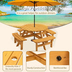 Conjunto de comedor de picnic redondo para patio exterior, de madera de abeto, para 8 personas, con 4 bancos integrados y orificio para sombrilla