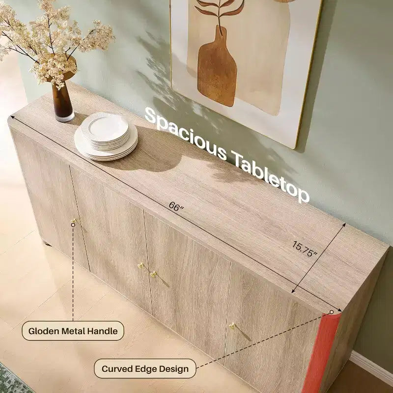 Aparador de cocina con 4 puertas y estantes, aparador moderno grande para almacenamiento, aparador bar para café de 66 pulgadas
