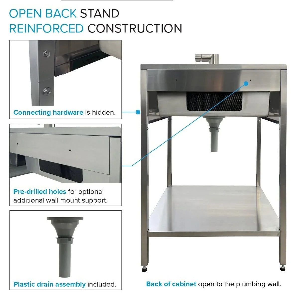 Lavatoio e supporto per lavatoio in acciaio inox, L 24 x P 22 x H 35 pollici