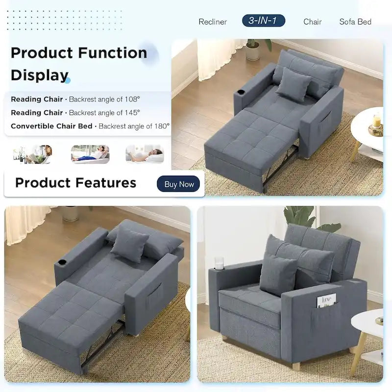 Poltrona letto regolabile, trasformabile 3-in-1, disponibile in più colori, per 1 persona