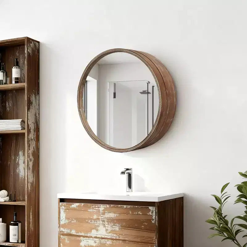 Moderne ronde wandspiegel van 23,6 inch met schuifdeur en opbergruimte, ruimtebesparende badkamerspiegel, accentspiegel voor de woonkamer