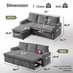 Dyonery 81-Sitzer-Schlafsofa, L-förmiges Ausziehsofa mit wendbarer Recamiere mit Stauraum, USB-Anschluss und verstellbarer Rückenlehne