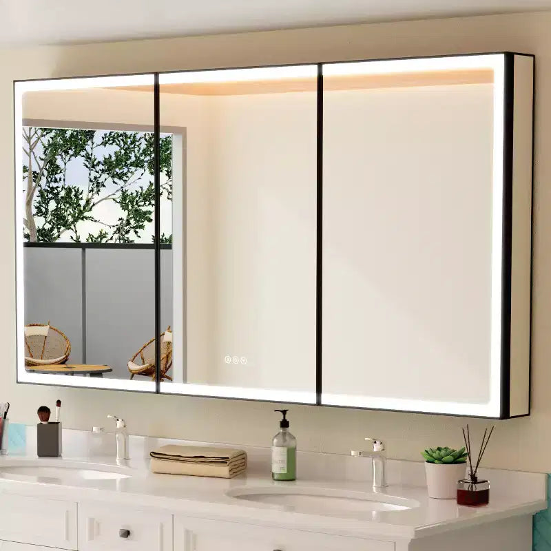Armadietto da bagno con specchio LED, installazione a parete o a incasso, luce dimmerabile, antiappannamento e ripiani regolabili