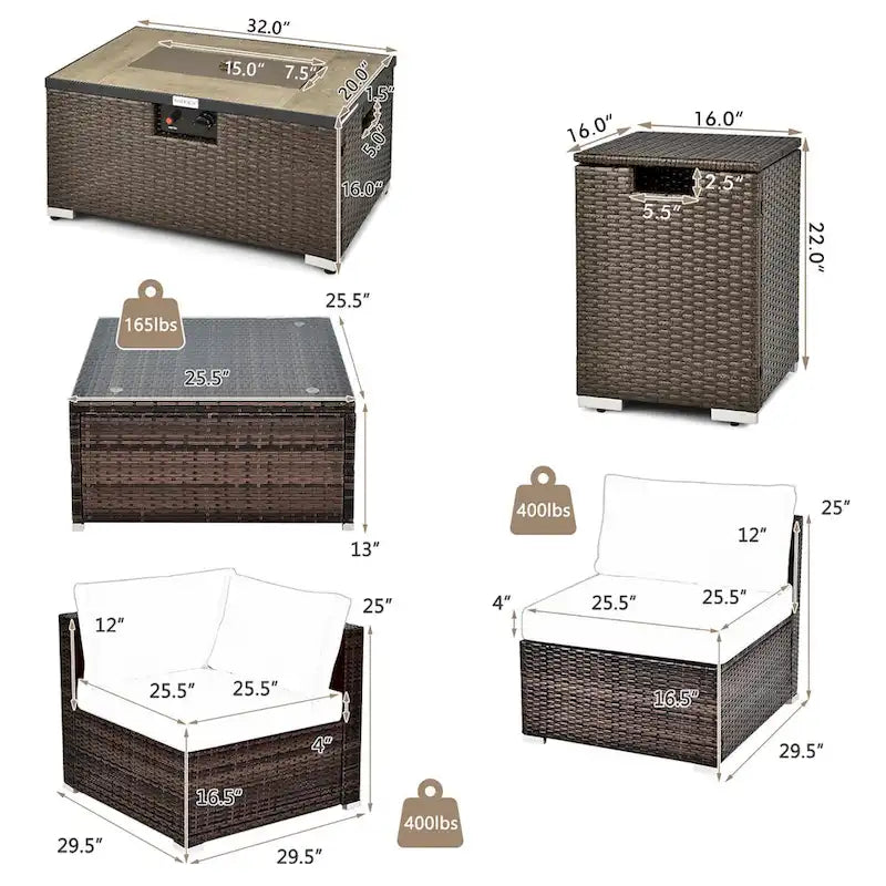 8-teiliges Patio-Rattanmöbel-Set mit Feuerstellentisch, Gasflaschenhalter, Abdeckung und Terrassenmöbeln