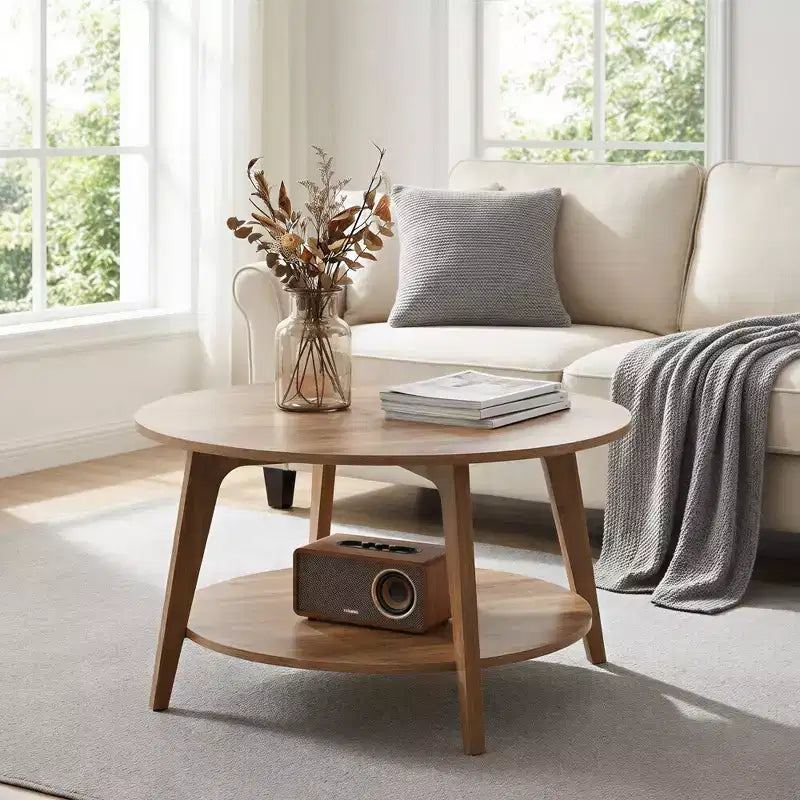 Honingbruine ronde salontafel met 2 opbergniveaus, 31,5 x 17,7 inch, ideaal voor de woonkamer