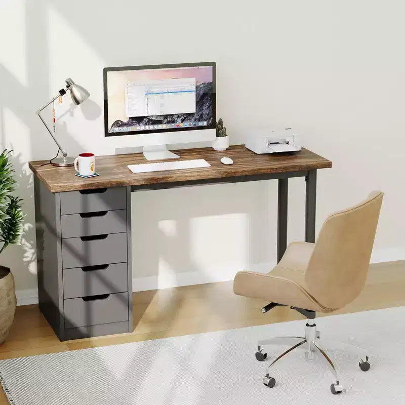 47-Zoll-Computertisch mit 5 Stauraumschubladen, umkehrbarer moderner Schreibtisch im rustikalen Stil für Lernen und Schreiben, Homeoffice-Arbeitsplatz für kleine Räume