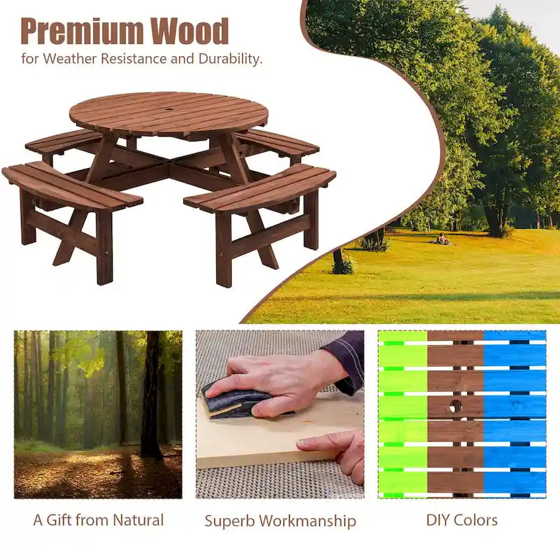 Conjunto de comedor de picnic redondo para patio exterior, de madera de abeto, para 8 personas, con 4 bancos integrados y orificio para sombrilla