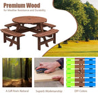 Conjunto de comedor de picnic redondo para patio exterior, de madera de abeto, para 8 personas, con 4 bancos integrados y orificio para sombrilla