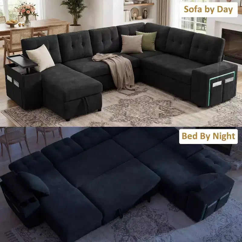 Divano componibile letto modulare Dyonery 112 con letto estraibile, divano componibile a U con contenitore, sedute extra larghe e profonde per il soggiorno
