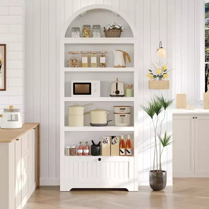 Libreria ad arco da 72" con cassetto contenitore, mobile espositore moderno in legno a 6 ripiani con scaffali aperti e cassetto inferiore, anta curva
