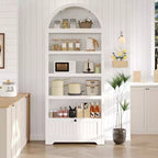 Libreria ad arco da 72" con cassetto contenitore, mobile espositore moderno in legno a 6 ripiani con scaffali aperti e cassetto inferiore, anta curva