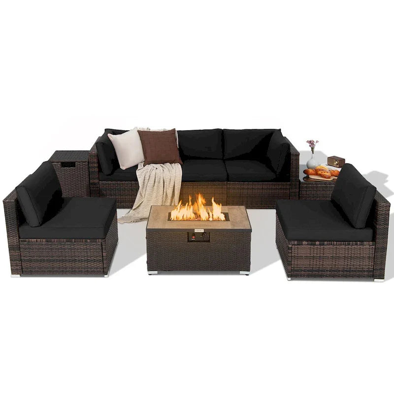 8-teiliges Patio-Rattanmöbel-Set mit Feuerstellentisch, Gasflaschenhalter, Abdeckung und Terrassenmöbeln