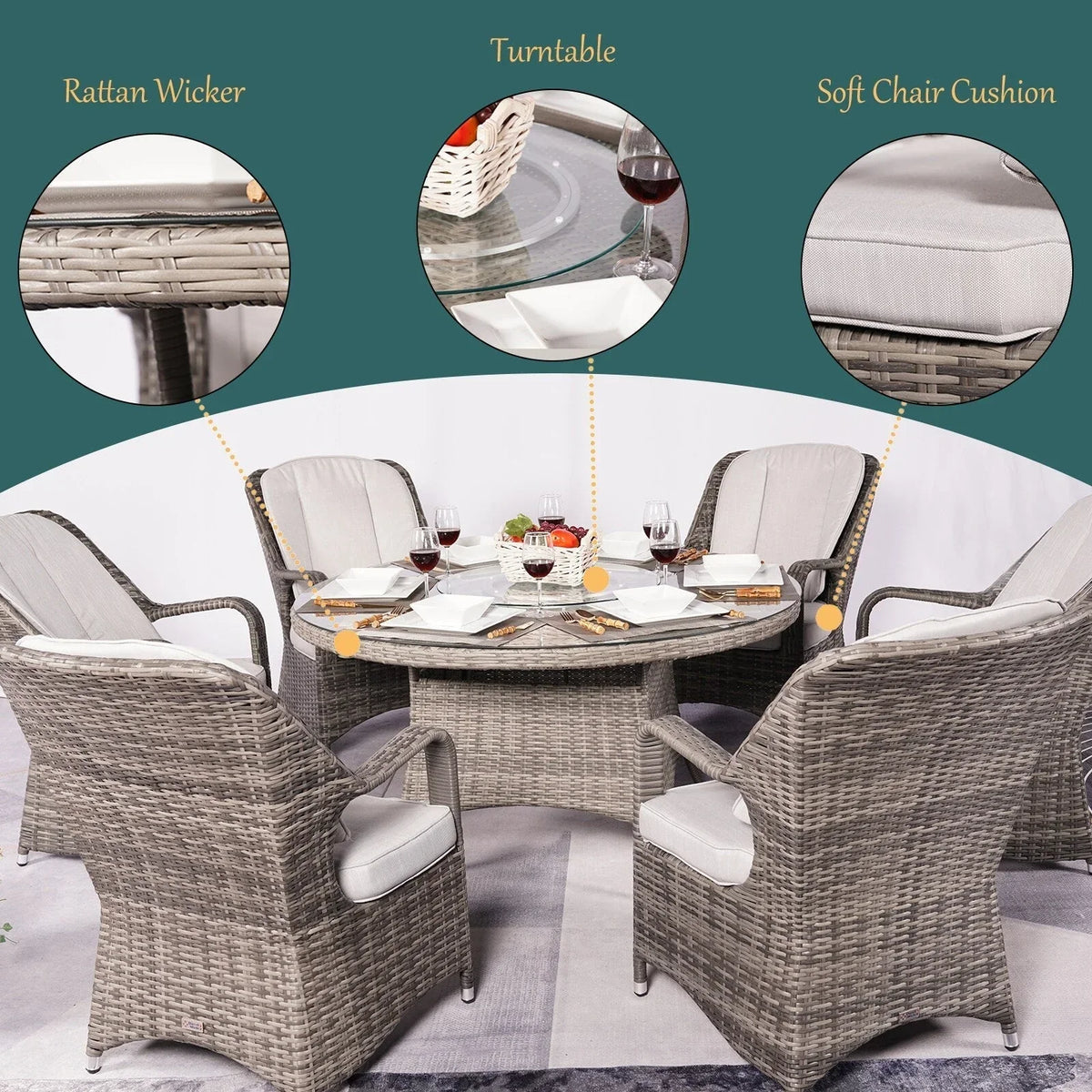 7dílná venkovní kulatá jídelní souprava z ratanového výpletu na terasu s polstry od Moda Furnishings