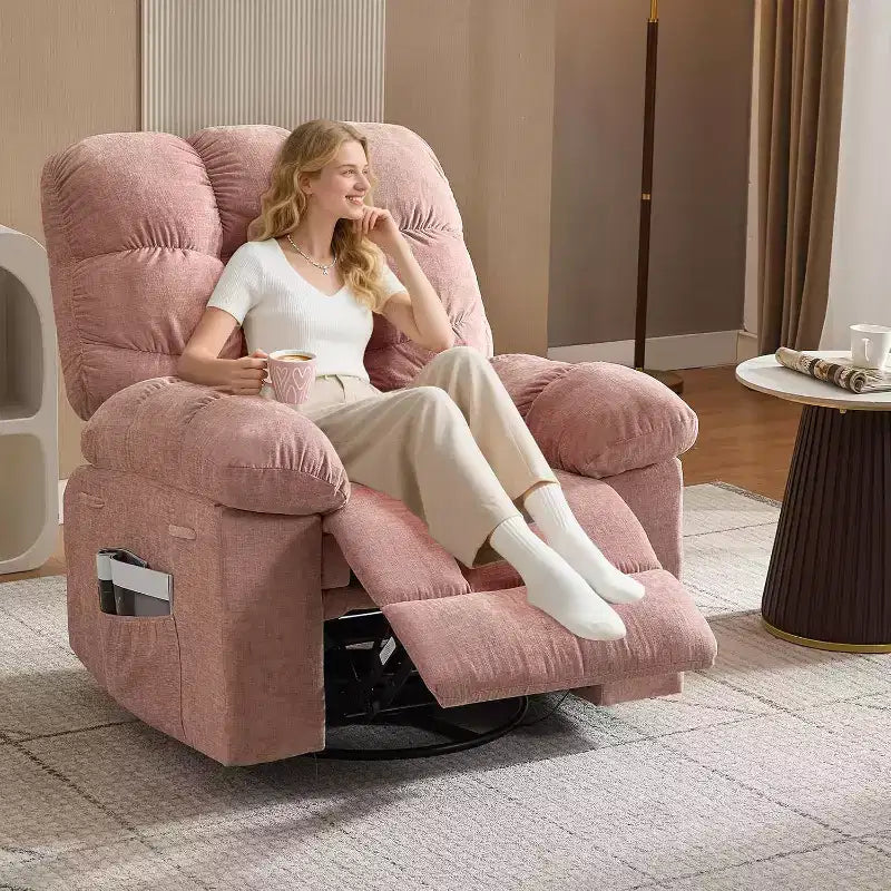 Poltrona reclinabile massaggiante con riscaldamento - poltrona a dondolo girevole a 360°, divano singolo oversize con vibrazione, USB e tasche portaoggetti per soggiorno/camera da letto