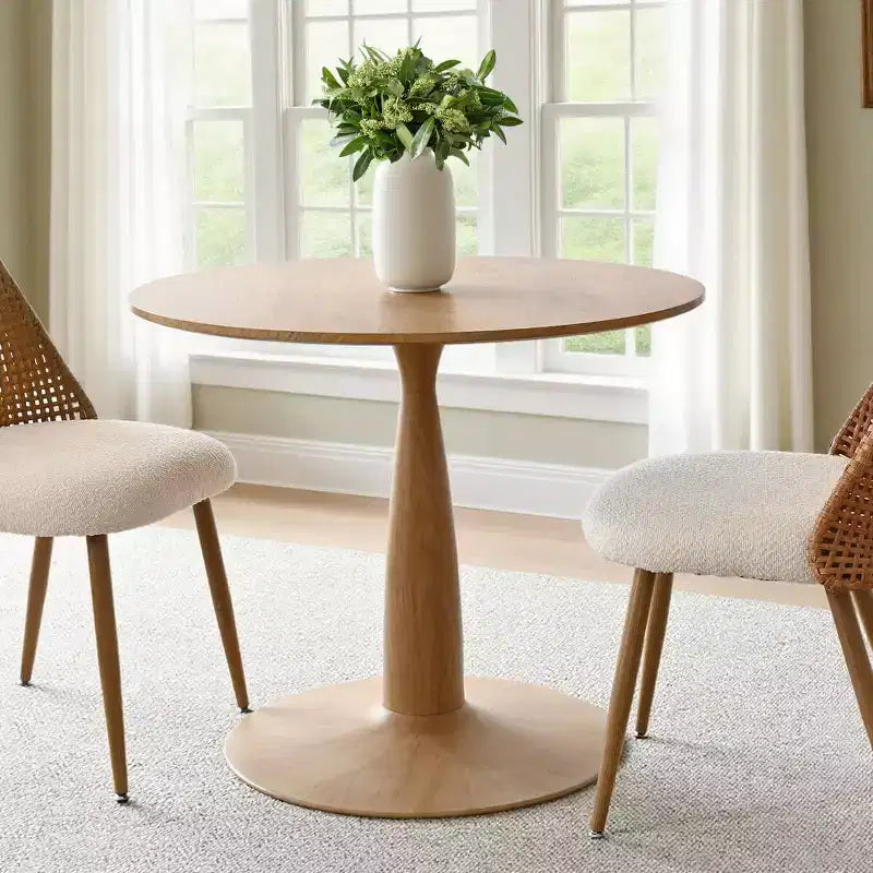 Moderner runder Esstisch mit Mittelsäule und Holzmaserung, kleiner Küchentisch und Couchtisch für Wohnung, Esszimmer und Wohnbereich – Panipeachy