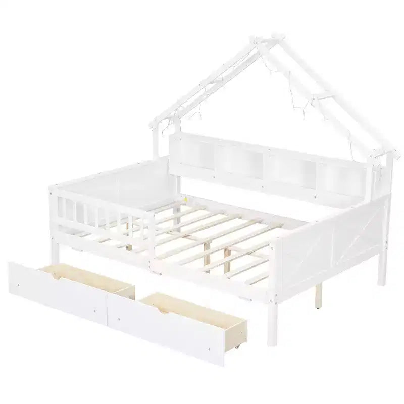 Estructura de cama tipo casita de tamaño completo con cajones, cama plataforma tipo casita con luces LED, estantes y cajones de almacenamiento, diván de madera con techo y barandilla