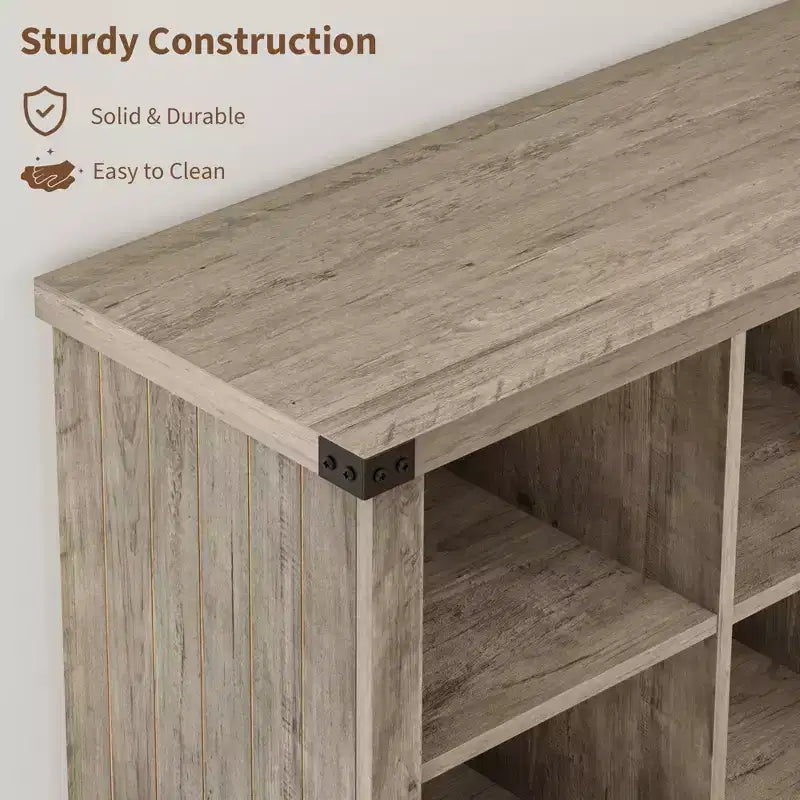 Libreria organizer con 8 scomparti, mobile orizzontale in stile rustico, libreria in legno da 62 pollici con vani portaoggetti per ingresso, libreria lunga e bassa per soggiorno
