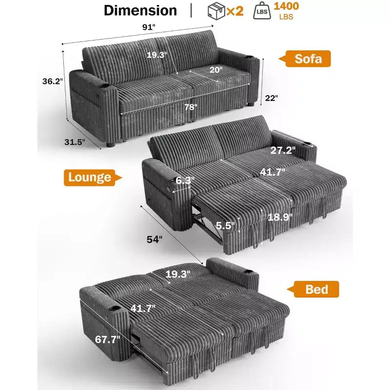 Dyonery 91 Eckschlafsofa mit ausziehbarem Bett, verstellbarer Rückenlehne, zwei ausziehbaren Betten, USB-Anschlüssen und Getränkehaltern, weicher Cordbezug