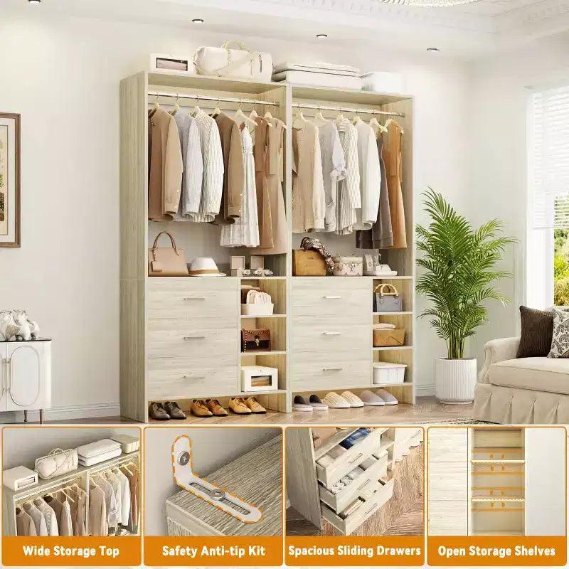 Set Besiost di 4 organizzatori per armadio con cassetti in legno e aste appendiabiti