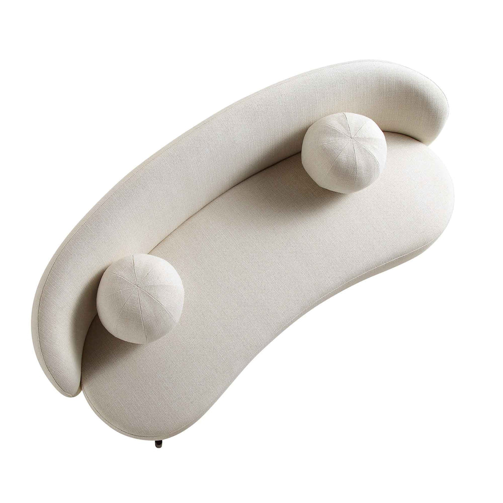 Sofá curvo de 3 plazas con cojines esféricos, mezcla de lino beige
