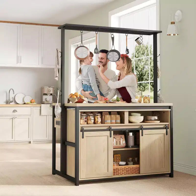 Isola da cucina, scaffale da panettiere con porta scorrevole in stile fienile, grande isola da cucina da 42' con supporto per microonde a 3 ripiani, ripiani per forno e set da tavolo da caffè