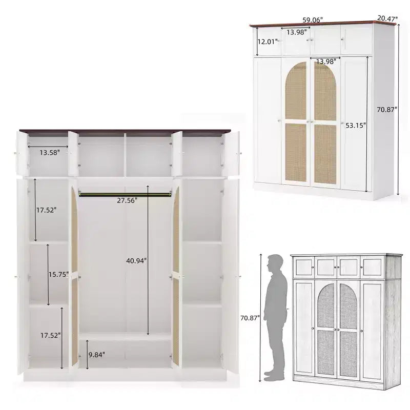 Armario ropero alto de 70,87 pulgadas con 8 puertas y gran capacidad, barra para colgar, estantes ajustables y puertas decorativas de ratán