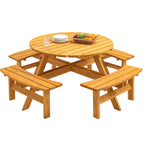Conjunto de comedor de picnic redondo para patio exterior, de madera de abeto, para 8 personas, con 4 bancos integrados y orificio para sombrilla