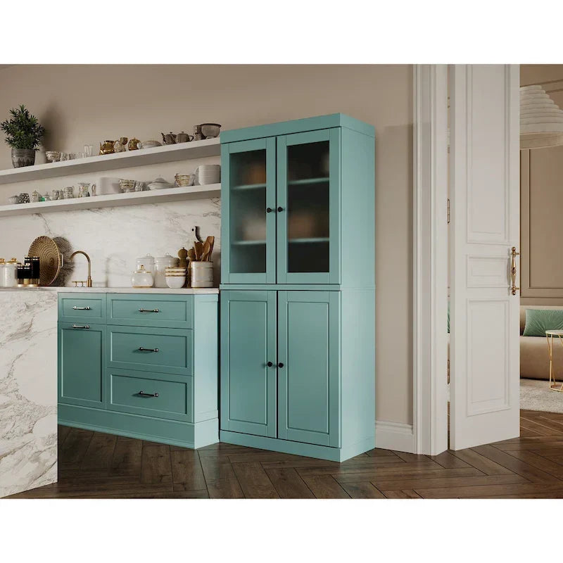 Armario despensa 100 % de madera maciza con puertas de vidrio esmerilado, puertas sólidas, 2 cajones y estantes ajustables