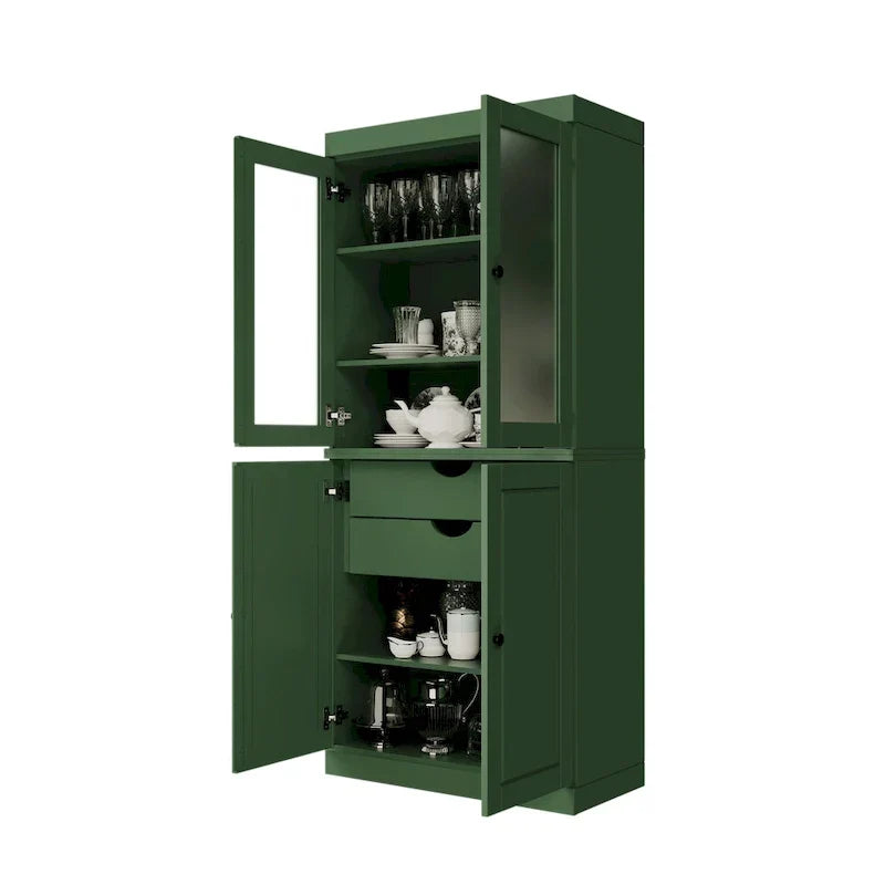 Armario despensa 100 % de madera maciza con puertas de vidrio esmerilado, puertas sólidas, 2 cajones y estantes ajustables