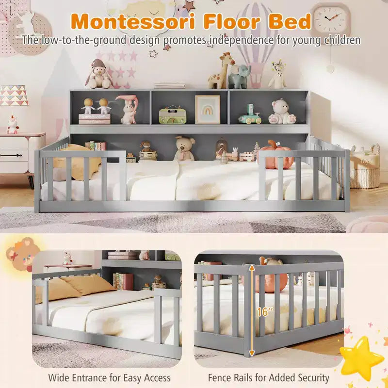 Montessori-Bodenbett in Twin-/Full-Größe mit Bücherregal, Stauraumfächern und Sicherheitsgittern, Weiß/Grau