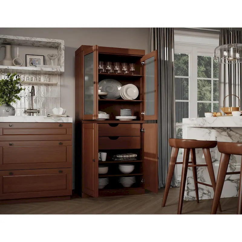 Armario despensa 100 % de madera maciza con puertas de vidrio esmerilado, puertas sólidas, 2 cajones y estantes ajustables