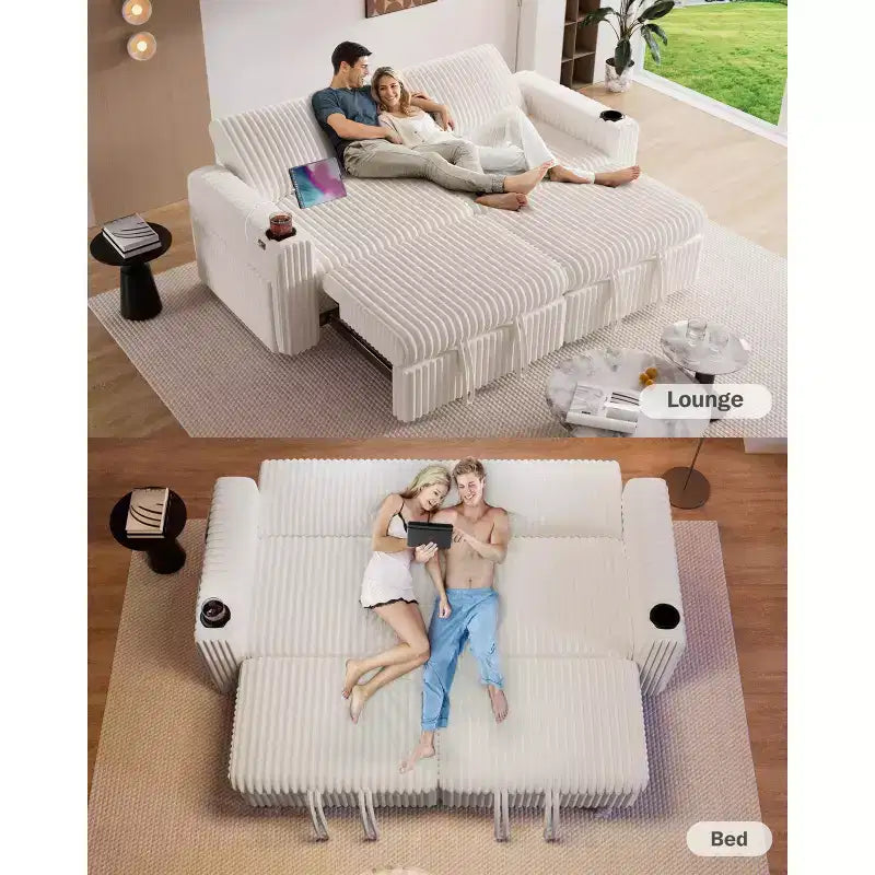 Divano letto componibile Dyonery 91 con letto estraibile, schienale reclinabile, due letti estraibili, porte USB e portabicchieri, in morbido velluto a coste