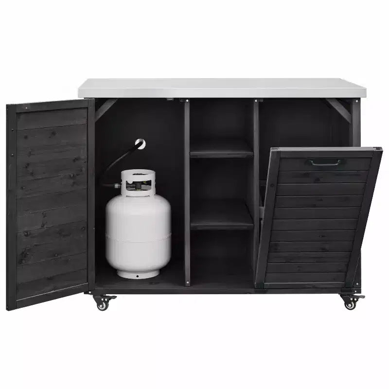 Isola da cucina da esterno da 78,3 pollici con piano di lavoro in acciaio inox, stazione barbecue pieghevole e armadietti contenitori, nera