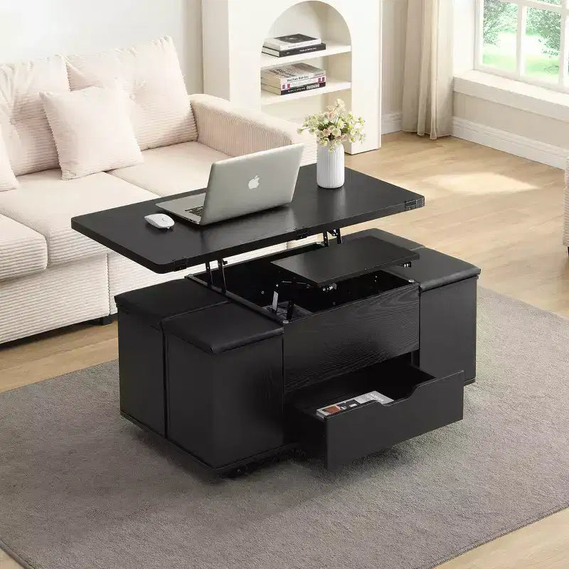 Multifunctionele moderne salontafel met hefbaar blad en verborgen opbergruimte, 4 krukken en zwenkwielen, perfect voor moderne woonruimtes