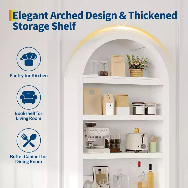 Libreria ad arco da 72" con cassetto contenitore, mobile espositore moderno in legno a 6 ripiani con scaffali aperti e cassetto inferiore, anta curva