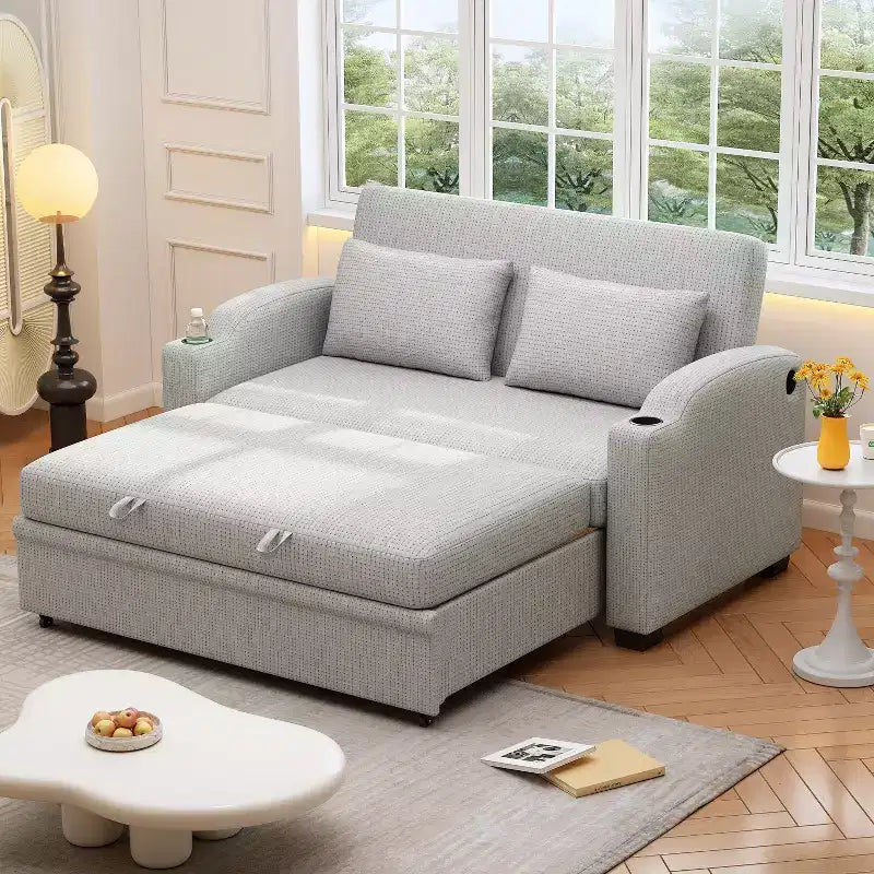 61.6 modernes wandelbares Chenille-Schlafsofa mit USB-Anschlüssen, Getränkehaltern und verstellbarer Rückenlehne für Wohnzimmer und Wohnung