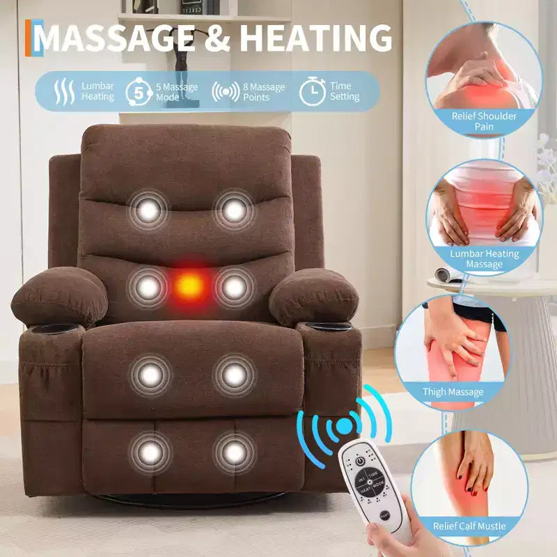 Suuri 360° kääntyvä keinutuoli-hierontatuoli lämmityksellä – ergonominen lepotuoli mukitelineillä ja sivutaskuilla olohuoneeseen tai lastenhuoneeseen