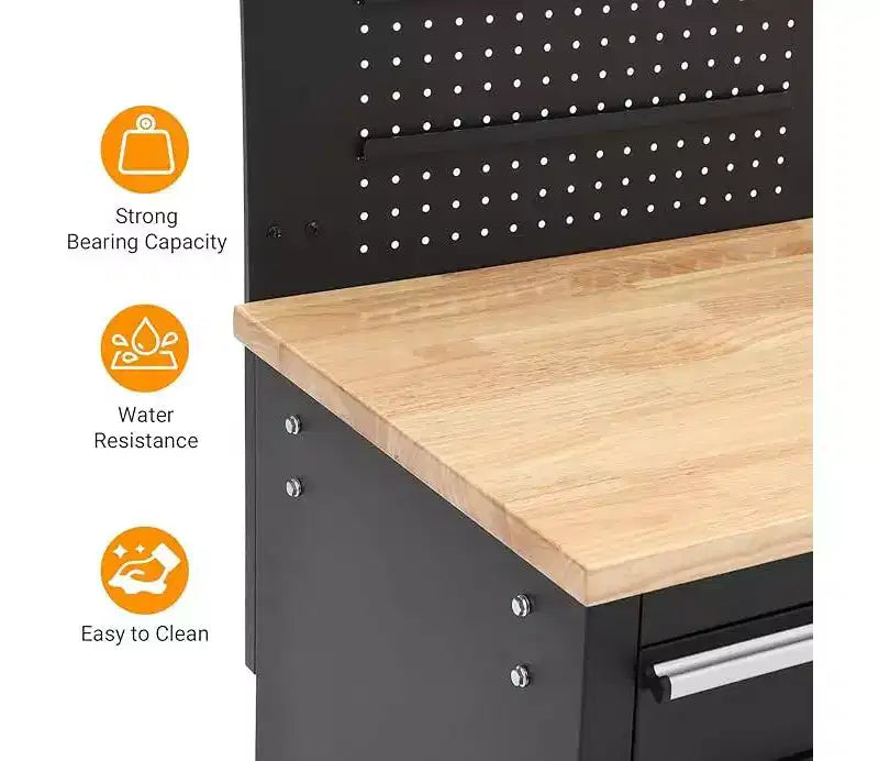 Gereedschapskist op wielen van 61 inch met 10 laden en garagewerkbank met stekkerdoos, blad van massief rubberhout, zware mobiele werkstationskast met draagvermogen van 1675 LBS