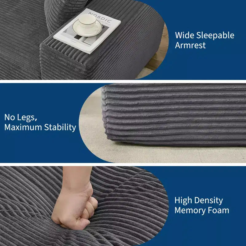 Sofá moderno 108, sofá tapizado de 3 plazas en forma de L con cojines, asiento profundo, no requiere montaje