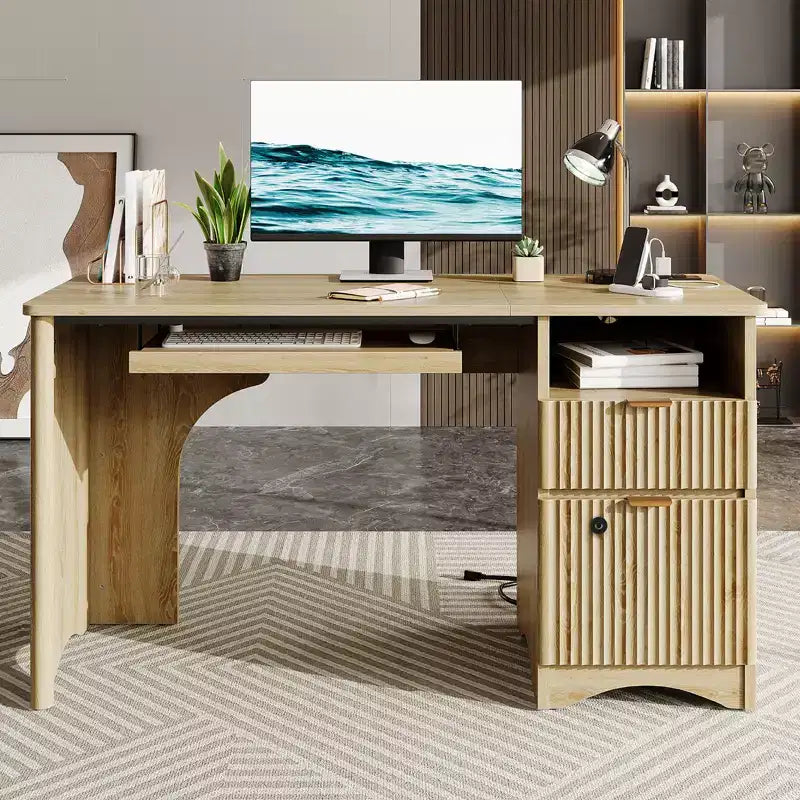 Scrivania per computer Bestier 55 Smart, scrivania da lavoro in rovere con cassetti portadocumenti e presa di corrente, scrivania direzionale da ufficio con spazio aperto e vassoio per tastiera