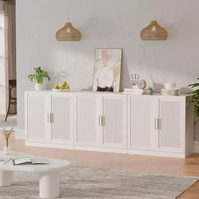 Set da 3 credenze contenitore con ante in rattan e ripiani regolabili - 93Lx31H