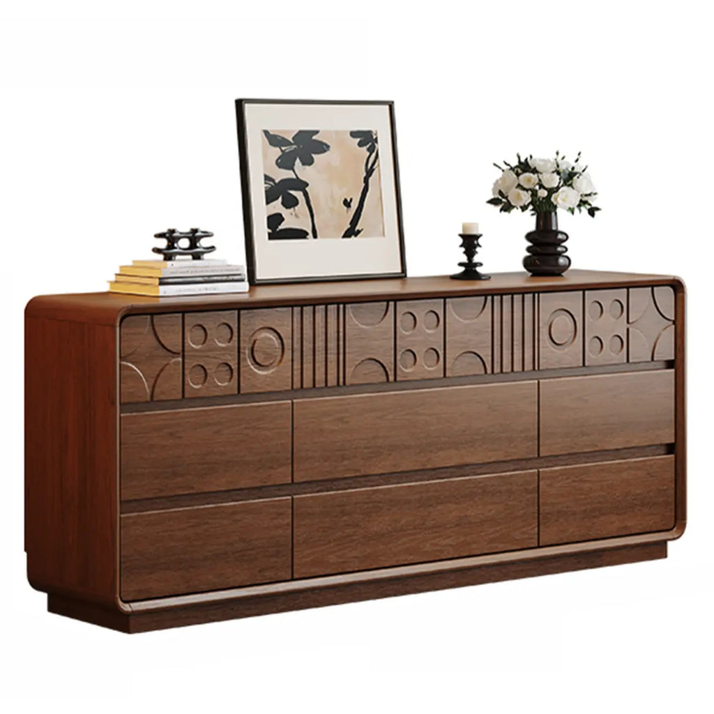 Cassettiera in legno ispirata all'Art déco con intagli geometrici