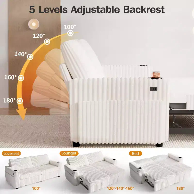 Divano letto componibile Dyonery 91 con letto estraibile, schienale reclinabile, due letti estraibili, porte USB e portabicchieri, in morbido velluto a coste
