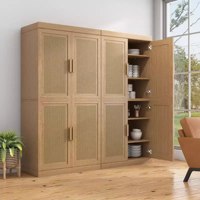 62 vysoká dekorativní úložná skříňka s černými ratanovými dvířky s dekorem dřeva a 12 policemi