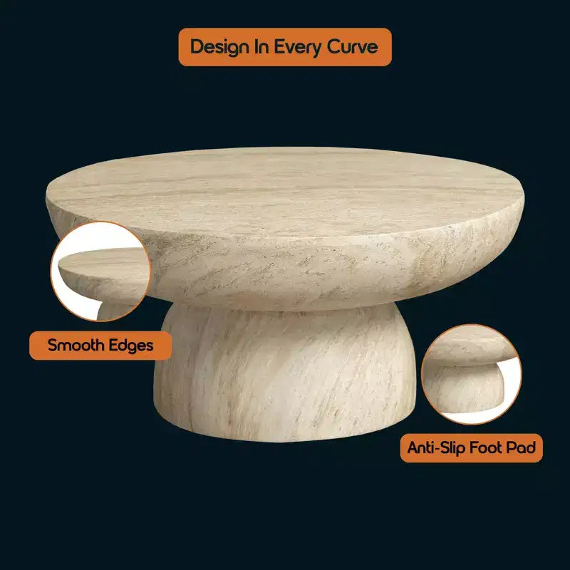 Mesa de centro redonda LeisureMod Lunexa, mesa auxiliar con pedestal de fibra de piedra para interiores o exteriores, diseño esculpido con almohadillas antideslizantes