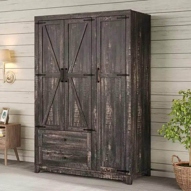 AMERLIFE 47-Zoll-Kleiderschrank im Landhausstil mit 3 Türen, 2 Schubladen, Kleiderstange und verstellbaren Regalen, freistehender Kleiderschrank-Organizer