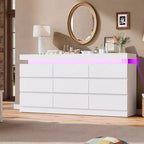 Kommode mit 9 Schubladen fürs Schlafzimmer, Schubladenschrank mit Ladestation und LED-Leuchten, doppelter Holzschrank zur Aufbewahrung, moderne Kommode und TV-Ständer